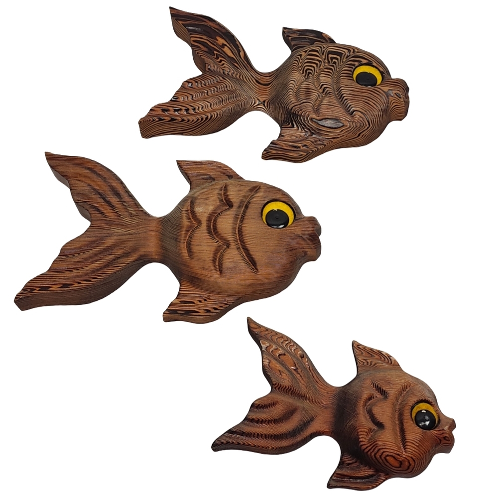 Wooden Fish Aquarium Decor - Brown Fish Ornaments (Set of 3)